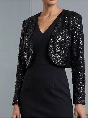 R&M Richards Petite Sequin Bolero Shrug Jacket Black Women’s PS Formal Evening